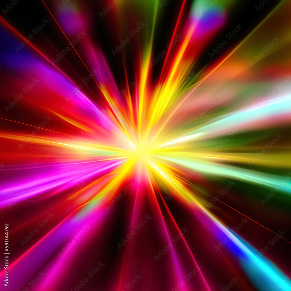 Burst of neon light. Multicolored sci-fi laser beams shoot out from the center. Abstract background in the style of retro futurism on the theme of high technology and scientific progress.