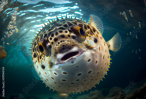 A cute and charming puffer fish, with its distinctive round shape and spiky appearance, swimming in the ocean, generative ai