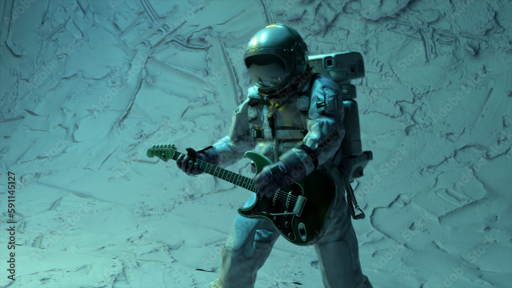 Fototapeta premium Space concept. Astronaut musician playing the guitar. Flashing neon green blue light. 3d illustration