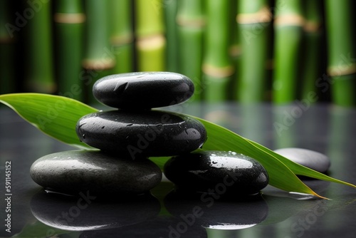 Spa stones and bamboo on black background. Zen and relaxation concept. Generative AI