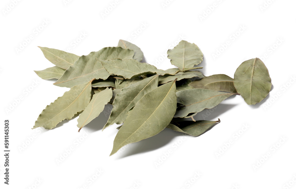Pile of aromatic bay leaves on white background