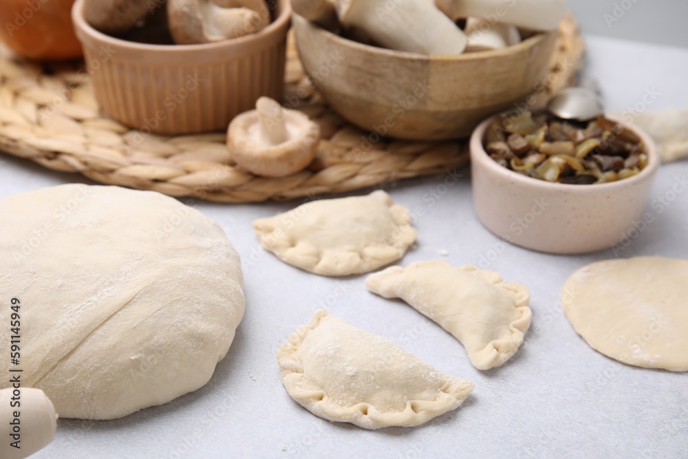 Fototapeta premium Process of making dumplings (varenyky) with mushrooms. Raw dough and ingredients on white table, closeup