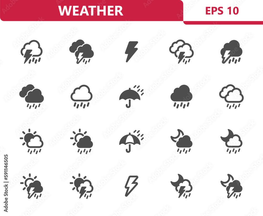 Weather Icons - Forecast, Rain, Raining, Storm, Lightning Bolt Vector Icon Set