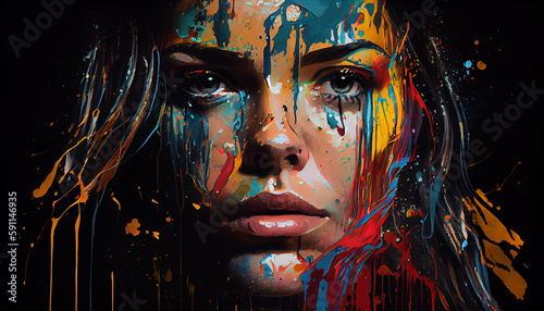 Colorful Splashed Liquid Oil Paint Beautiful Woman Face AI Generative