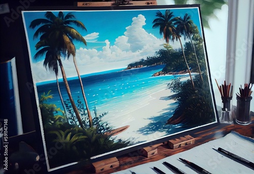 a painting of a beach scene with palm trees and the ocean in the background with a blue sky and white clouds in the distance with a blue sky. generative ai