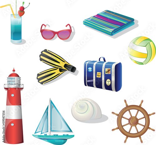 Set of summer beach vacantion vector elements. Vector elements that are encountered summer on the beach.