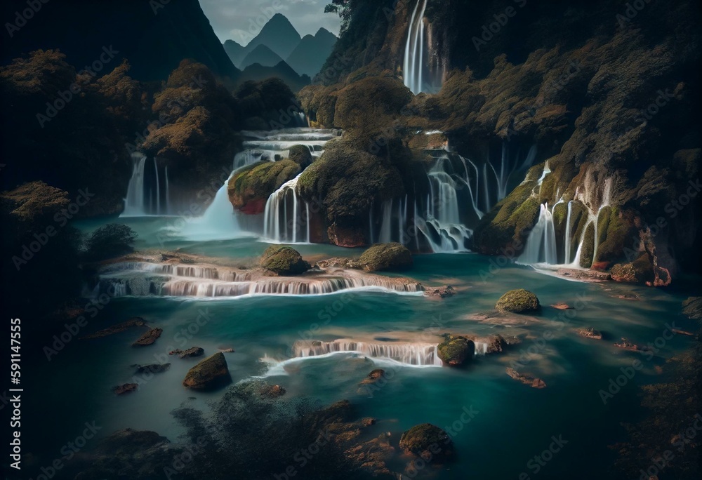 The waterfalls at Ban Gioc in Cao Bang, Vietnam, are situated in an area of established karst formations where the original limestone bedrock layers are eroding. Generative AI