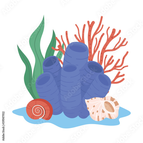 Sea corals branches and seashell in water, illustration. Underwater variety plants and conches clam. Tropical marine and ocean flora and fauna. Flat vector set isolated on white background