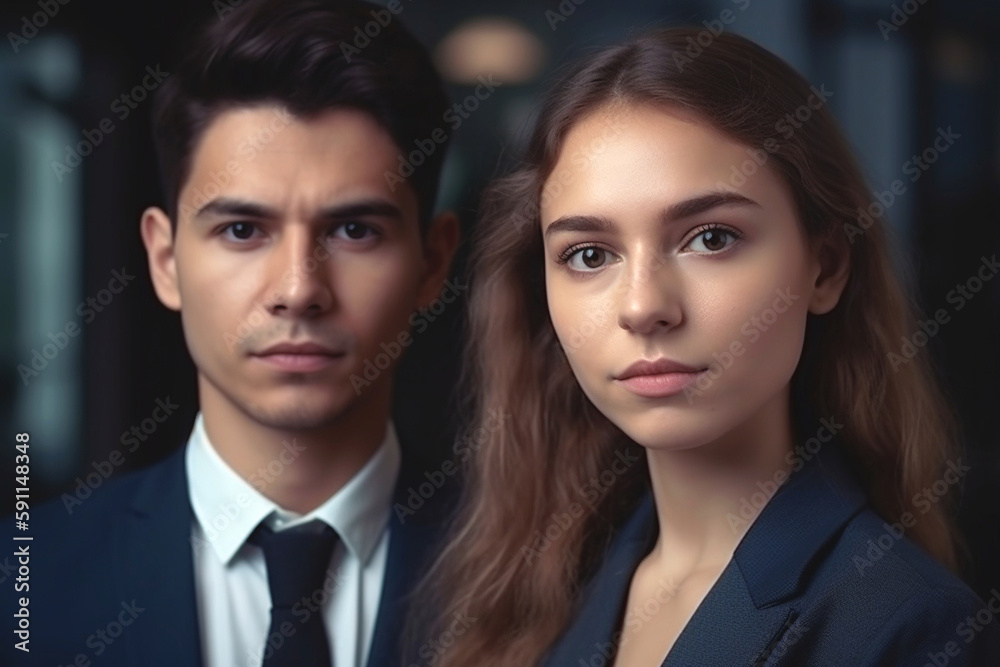 a young woman and a young man in a business suit, front view, serious or serious facial expression. Generative AI a young woman and a young man in a business suit, front view, serious or serious facial expression. Generative AI