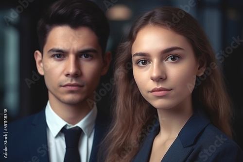a young woman and a young man in a business suit, front view, serious or serious facial expression. Generative AI