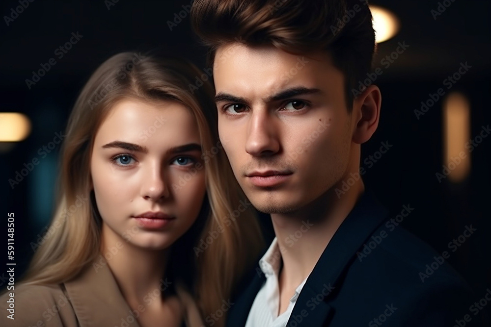 a couple, a young woman and a young man in a business suit, front view, serious or serious facial expression. Generative AI