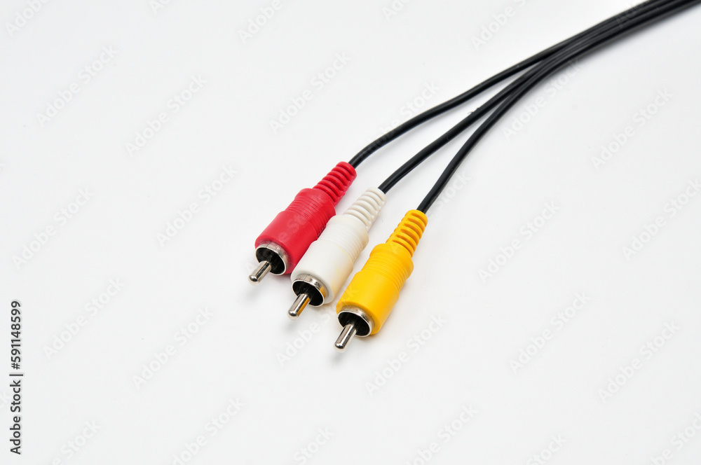 Analog audio video cable of RCA standard on white background Analog audio video cable of RCA standard on white background