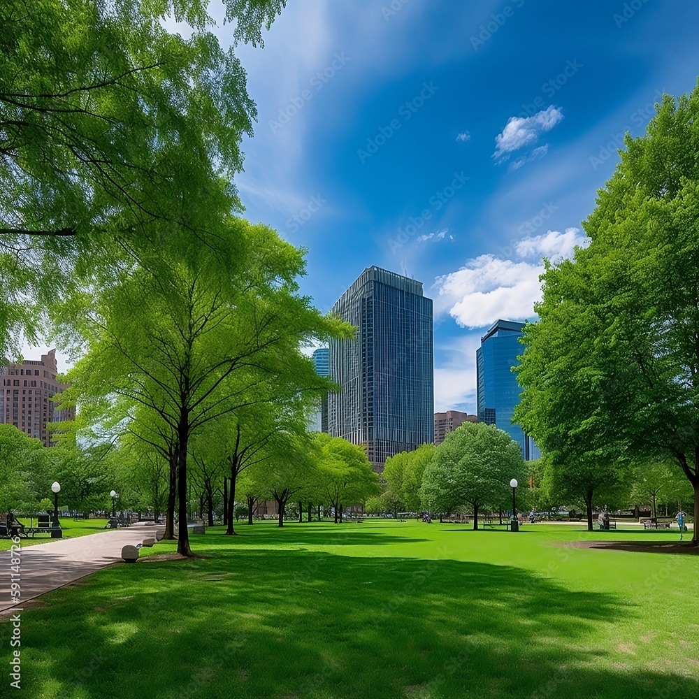 peaceful park in the heart of a bustling city, healthy, environment, tall buildings, clean, green, The park is filled with green trees, and the air is fresh and clean, created using generative AI
