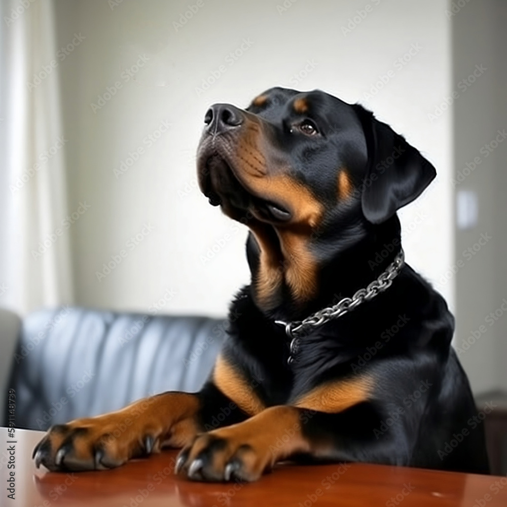 Obraz premium Rottweiler waiting for food created using generative artificial intelligence tools.