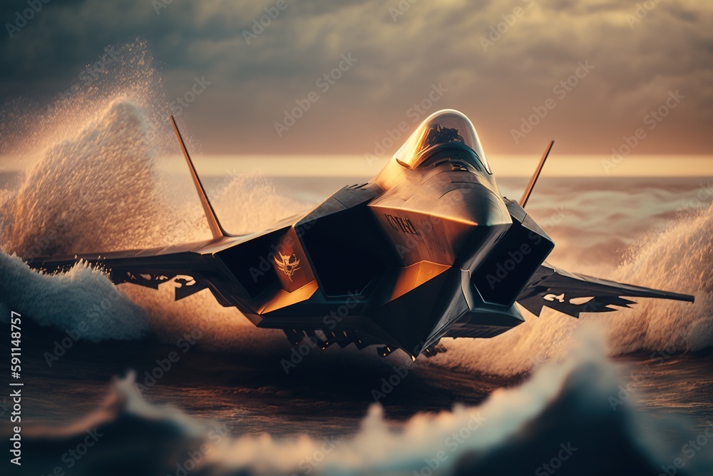 Raptor fighter Close-up shot. Raptor fighter jet flying over the Ocean ...