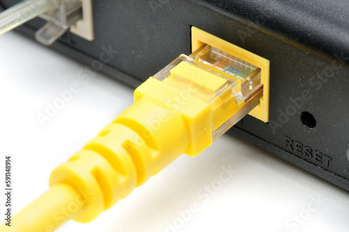 LAN cable with RJ45 plug on a white background