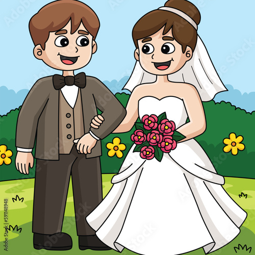 Wedding Groom And Bride Colored Cartoon 