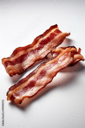 Crispy fried bacon strips on isolated white background, AI generative