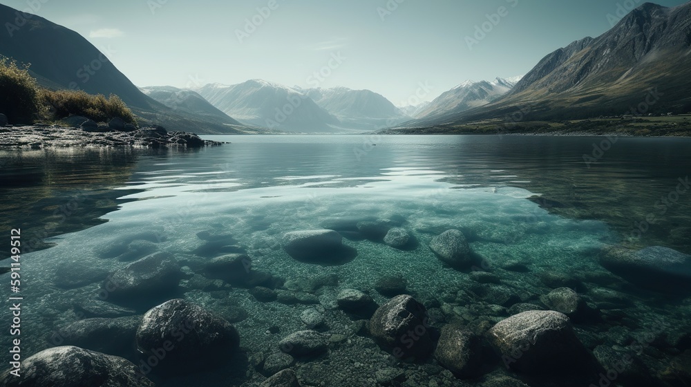 Lake and mountains, cinematic lighting AI concept