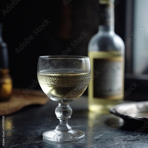 White wine bottle with glass, Generative AI