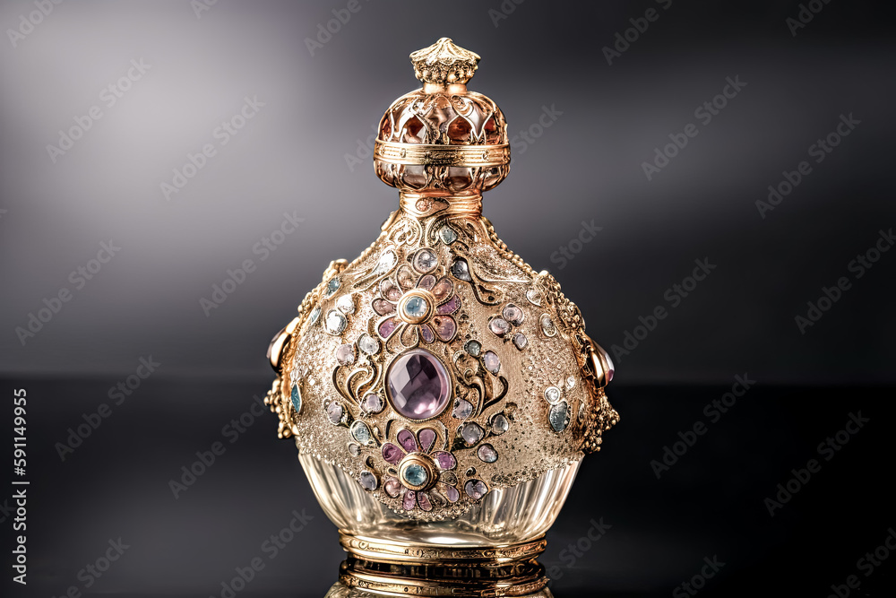 An ornate perfume bottle was created using generative AI - generative ai.