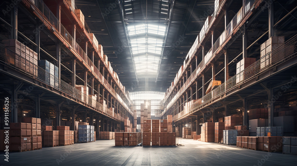 Fototapeta premium Streamlining Inventory, Efficient Warehouse Management with High-Volume Boxes and Containers, Generative AI