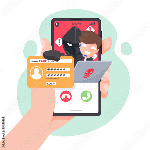 Thief disguised calls center sends Fake websites on smartphones. Hacker fraud scam and steal private data on devices. Vector illustration flat design for cyber security awareness concept.