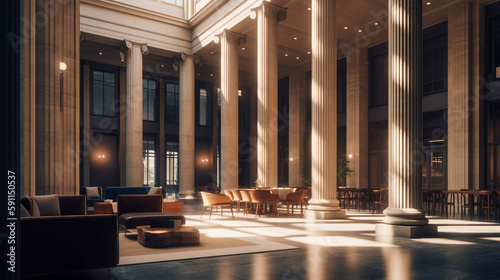 A Sophisticated Hotel Lobby with Classic Design Pillars and Upscale Interior, Generative AI