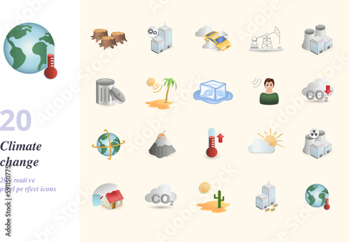 Climate change set. Creative icons: deforestation, industrialization, traffic fumes, oil drilling, power plants, waste, solar irradiance, melting ice, human impact, greenhouse gases, changes orbit