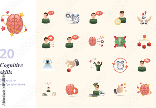 Cognitive skills set. Creative icons: pattern recognition, working memory, selective attention, cognitive flexibility, processing speed, inhibitory control, sustained attention, cognitive psychology