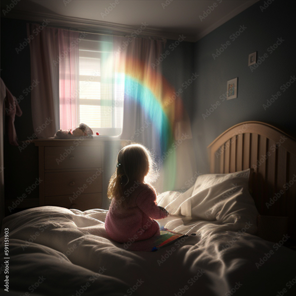 A little girl sits on a bed with a rainbow in the window created using Generative AI A little girl sits on a bed with a rainbow in the window created using Generative AI