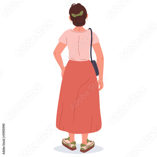 Woman view from behind. Female character back side position. Fashionable girl flat vector Illustration