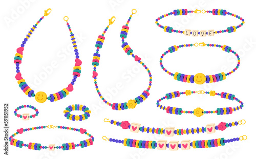 Friendship beaded jewelry. Handmade plastic beads bracelets, cute necklaces and rings. Kids accessories flat vector illustration set