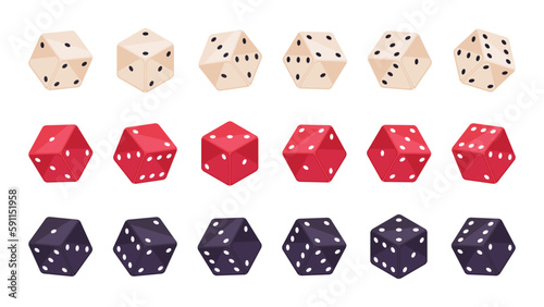 Gambling dice. Isometric casino gambling cube pieces, board games dices. Backgammon and poker game dice 3d vector illustration set
