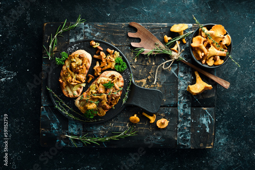 Bruschetta with chanterelle mushrooms and onions. On a stone plate. Free space for text.