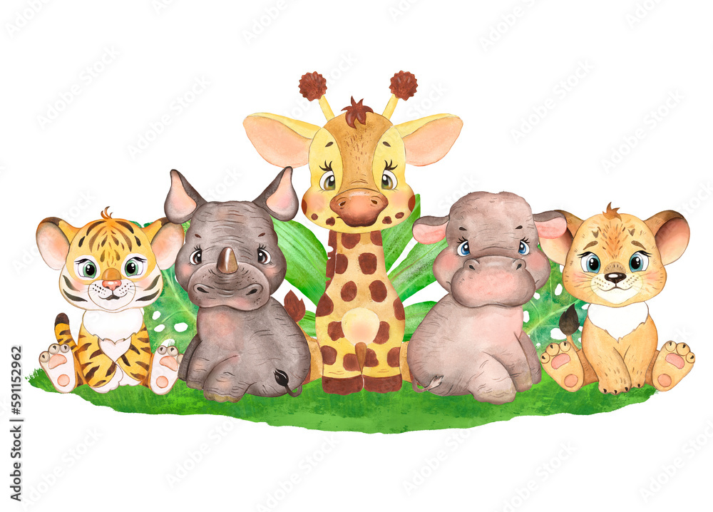 Obraz premium Watercolor illustration with African cute animals, safari animals, tiger cub, lion cub, rhinoceros, hippo, baby animals, print for children