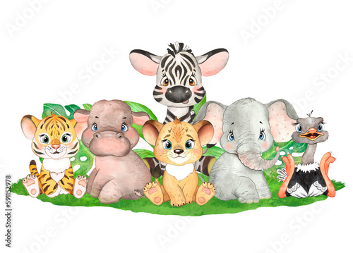 Photography Watercolor illustration with African cute animals, safari animals, tiger cub, li