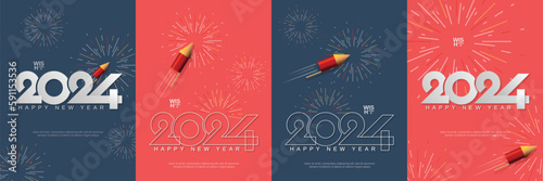 Creative design concept of 2024 new year. Set of 2024 new year design with firework rocket and line concept for greeting card, banner, template, poster and flyer