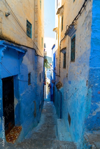 The narrow streets in the Blue City of Morocco