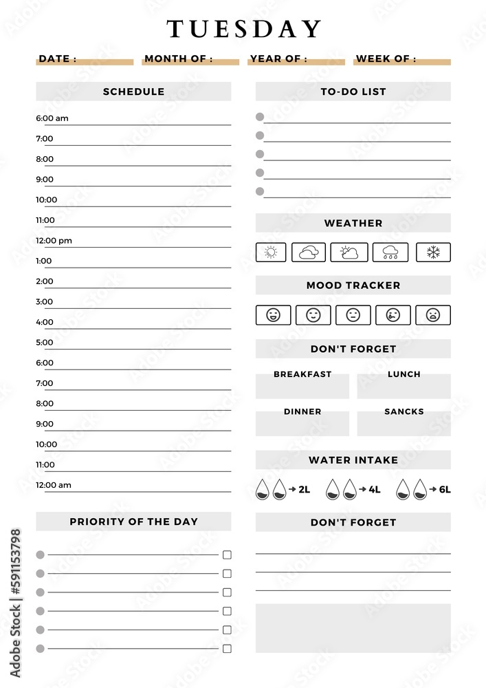 Minimalist planner pages templates daily. tuesday plan Minimalist planner pages templates daily. tuesday plan