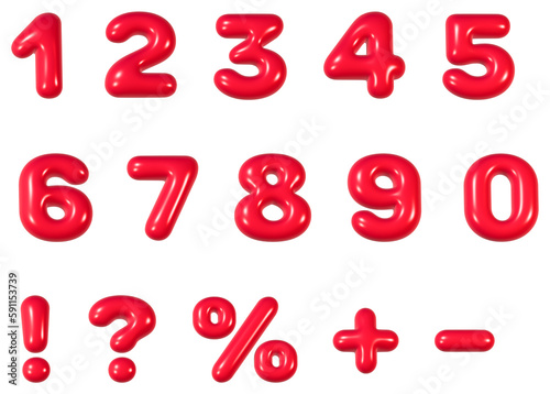 Set of 3d red rounded numbers and symbols on white background 