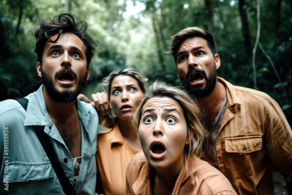 exaggerated depiction of shocked adventurers, in the wilderness, in