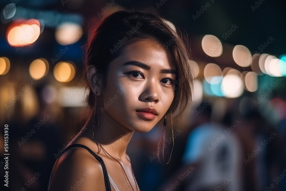a young adult girl Woman close-up in the evening or night with a neutral or serious facial expression, fictional location. Generative AI