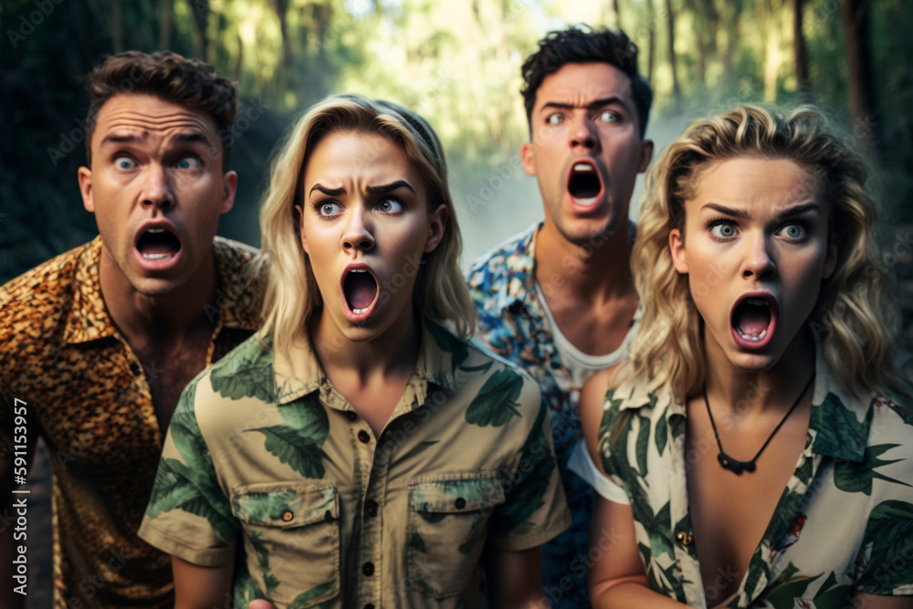 exaggerated depiction of shocked adventurers, in the wilderness, in