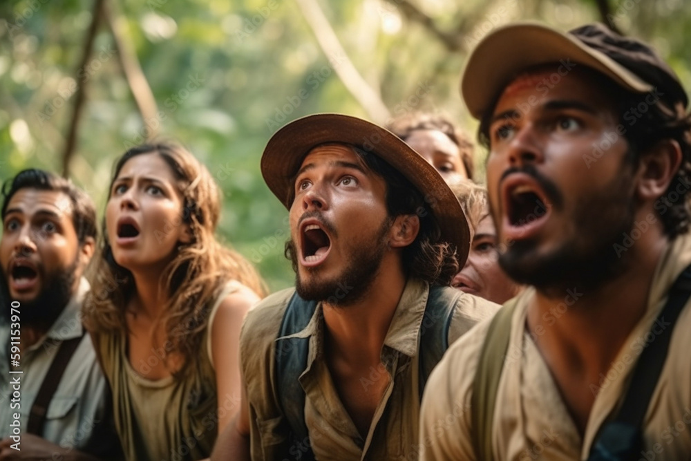 exaggerated depiction of shocked adventurers, in the wilderness, in