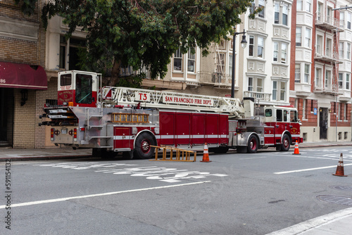 San Francisco, California, USA, June 29, 2022: The San Francisco Fire Station 3 at Post Street, Firefighters' truck parked on the road.