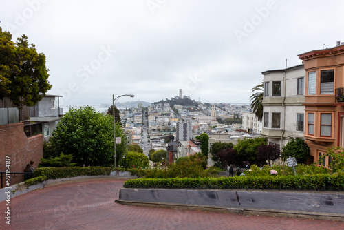 San Francisco, California, USA, June 29, 2022: Lombard Street is one of the most crooked streets in San Francisco. This one-block stretch zig-zags downhill between Hyde and Leavenworth Streets.