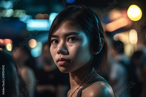 young girls, multiethnic or asian with headphones, alone at night in a city, fictional place. Generative AI