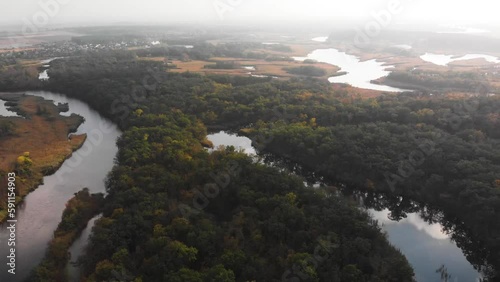 Rural lifestyle near the river and lakes Ukraine aerial footage