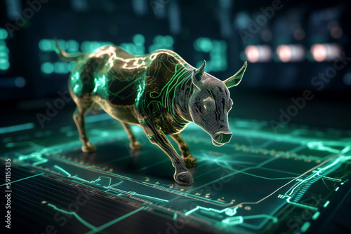 abstract bull in bull market, glowing charts and bull. Generative AI © wetzkaz
